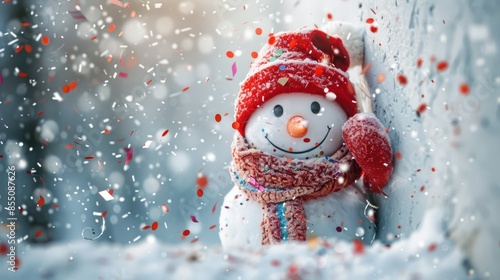 Adorable Snowman with Red Hat and Scarf in Snowy Winter Wonderland