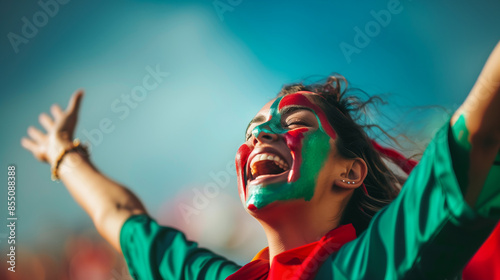 Portuguese woman with face paint cheering with arms raised in celebration.