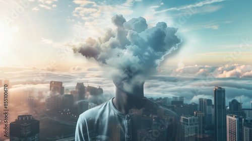 A man with a head made of clouds, floating above a cityscape, symbolizing daydreaming and detachment