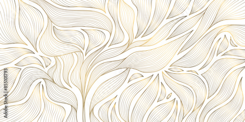 Vector art deco line pattern. Gold leaves abstract background, fancy nature ornament, plant flower texture. Wave nouveau print, vintage jungle illustration.