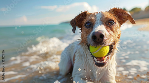 happy playful dog catching a tennis ball in the beach, pet on summer vacation