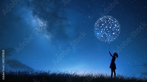 A person holding a balloon made of stars, with the night sky as a background