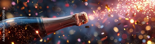 Champagne bottle popping with confetti and sparkling lights.