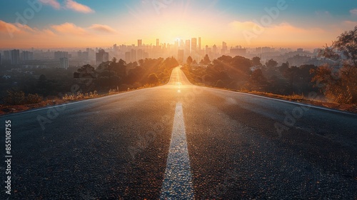 Empty Road Leading Towards City Skyline During Sunrise