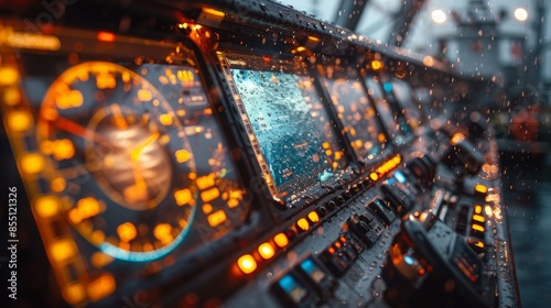 A close-up view of the cockpit instrumentation of an aircraft during a flight, with raindrops hitting the windows and the dashboard.