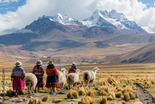 cholitas women of Bolivia with llamas in picturesque landcsape with mountains