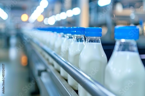 Fresh dairy milk bottles on production line in factory