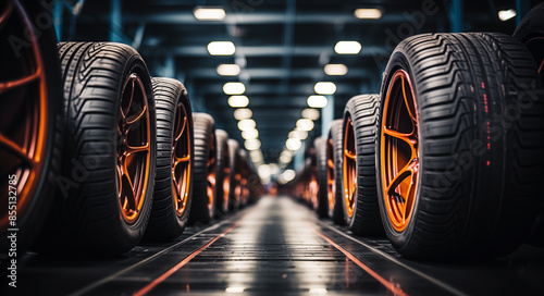 Neumáticos nuevos ordenados crean el concepto de almacén comercial industrial para productos de caucho. Almacén de neumáticos de coche de fondo con una iluminación suave.