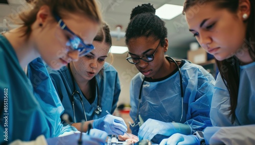 Medical students dissecting a cadaver in an anatomy lab