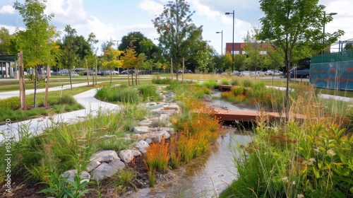 Bioswales in an urban park, managing stormwater naturally, front view, illustrating green infrastructure, cybernetic tone, Triadic Color Scheme