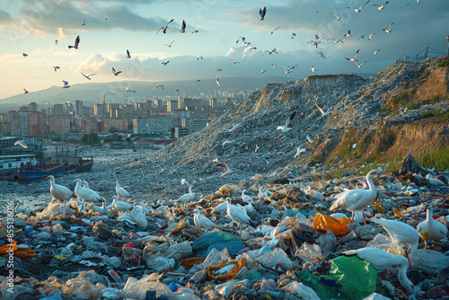 Seagulls scavenging landfill near cityscape at sunset