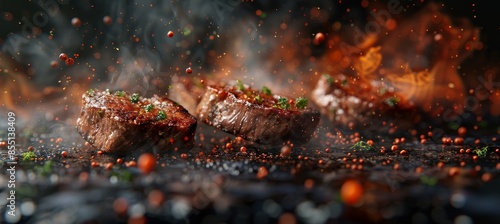 Perfectly Roasted Beef Pieces Floating on Dark Background