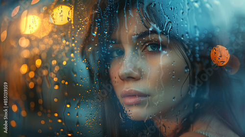 A portrait of a young woman gazing out a rainy window with a pensive expression, her reflection blurred against the glass, reflecting the internal turmoil of her mental worries.