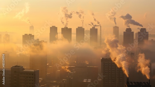 Smoke from heating station in big city during winter season at sunset. Smokestack pipes emitting co2 from coal thermal power plant into atmosphere. Air pollution and emission ecology problem concept