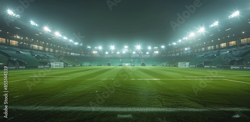 Empty Soccer Stadium at Night With Floodlights Illuminating the Field