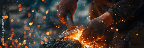 old blacksmith pouring ashes with molten metal sword container