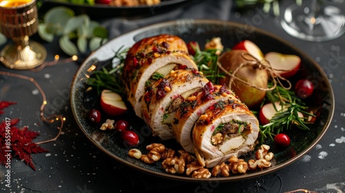 Pork Loin Roll Stuffed with Chicken Breast, Apples, Cranberries, Walnuts and Herbs