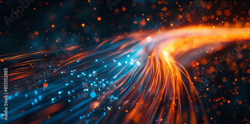 Futuristic style of an orange and blue fiber optic cable with sparks, fast motion blur, internet speed