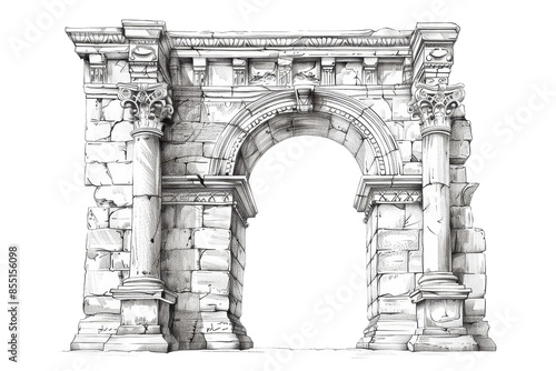 Drawing of an ancient Roman-style stone archway with detailed columns and intricate carvings, showcasing historic architecture.
