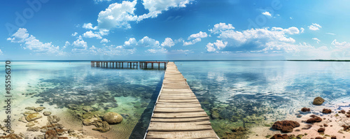 Beach background with a jetty extending into the clear, calm water.