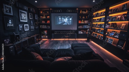 A dark, cinematic living room with a comfortable black couch facing a large screen, surrounded by movie memorabilia on dark shelves, and ambient backlighting that enhances the viewing experience.