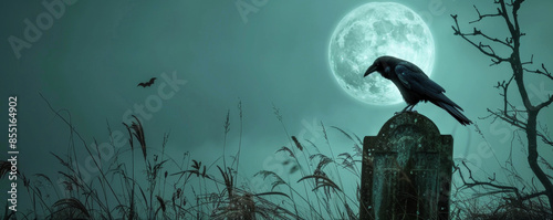 Halloween background with a black raven sitting on a gravestone under a full moon.
