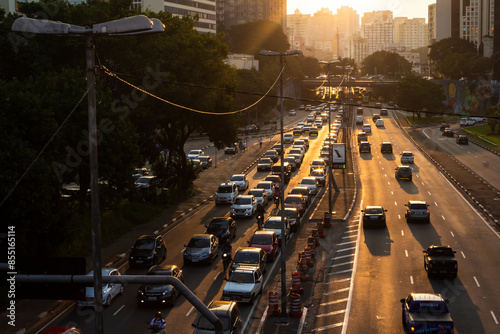 Sao Paulo, SP, Brazil, April 04, 2016. Sunset and heavy traffic on the East-West connection, Radial Leste Avenue, in downtown Sao Paulo.