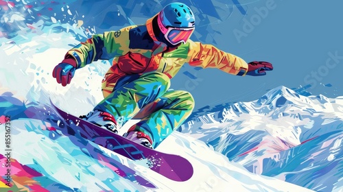 Pixel Art of Beijing 2022 Winter Olympics - Snowboarding Athletes Competing with Clipping Path