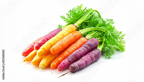 Colorful carrot with water drops on white background. Rainbow vegetable. Harvest concept