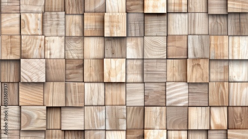 A seamless pattern of wooden squares, each with its own unique grain and texture, arranged in an aesthetically pleasing composition for wall decoration. SEAMLESS PATTERN