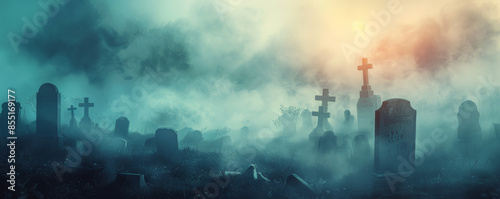 Halloween background with a graveyard filled with old, crooked tombstones and mist.