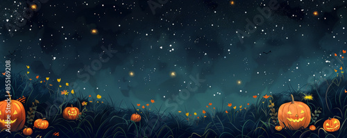 Halloween background with a pumpkin patch under a dark, starry sky.