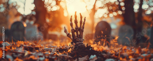 Halloween background with a skeletal hand reaching out of the ground in a graveyard.