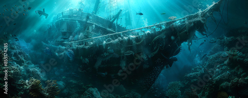 Underwater background with an ancient shipwreck covered in marine life.