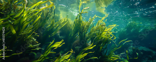 Underwater background with lush, green seaweed swaying in the current.