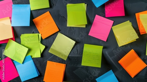 Colorful sticky notes and blank note paper on black background top view Mockup check list with space for notes