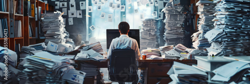 employee surrounded by piles of paperwork or staring at a computer screen, embodying the stress of work overload