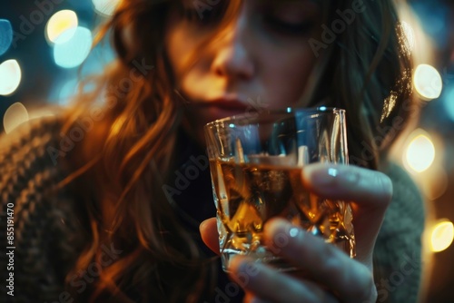 A woman shields her face with a glass of alcohol, conveying a sense of anonymity