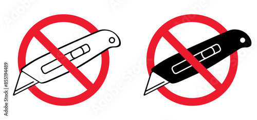 No work knives, do not disassemble, prohibition. Retractable blade or cutter knife. No need to install by tool. Work, school tools. Retractable blades. Utility knife or jackknife. Forbidden red symbol