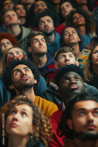 A group of people gazing upwards, possibly in awe or wonder