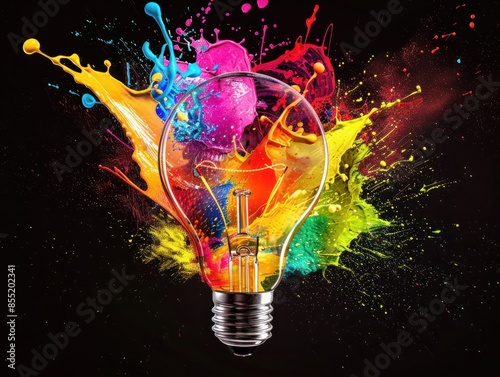 Creative light bulb explodes with colorful paint and splashes on a black background. Think differently creative idea concept