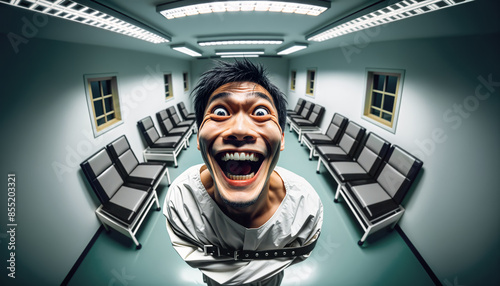  A man with wild eyes and a maniacal grin in a straitjacket stands in a stark waiting room of a psychiatric hospital.