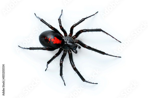 A close-up view of a black widow spider on a white background