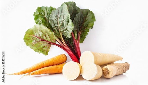 Swiss chard and parsnips isolated on white background
