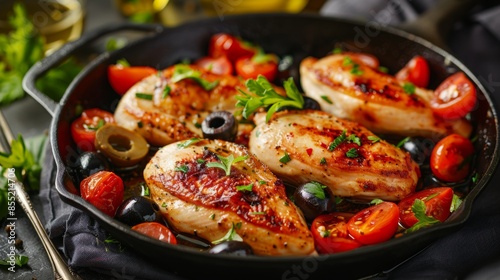 French cuisine. Chicken breast saute with tomatoes, olives and white wine.
