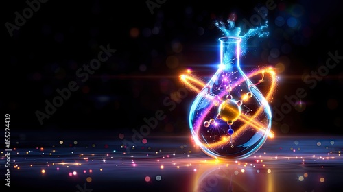 Glowing laboratory flask with colorful, swirling, neon elements, symbolizing scientific innovation and discovery.