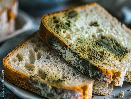 Close-up of moldy bread slices, showcasing the detailed texture and various colors of mold growth on the surface.