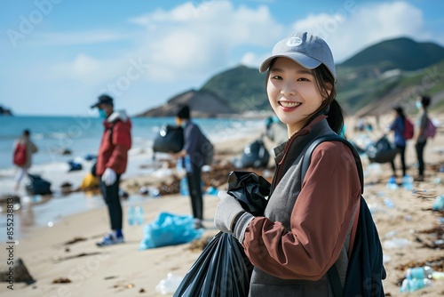 Young asian woman volunteer collecting garbage on beach. Eco-friendly lifestyle, environmental conservation and protection. Clean nature, ecology and sustainability concept. Eco activism