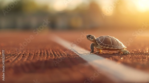 A small turtle crossing a sunlit outdoor track with a shallow depth of field, capturing the essence of slow and steady progress.