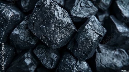 Macro shot of coal rocks, emphasizing the gritty and intricate textures of these carbon-rich minerals, natural dark stones with detailed surfaces